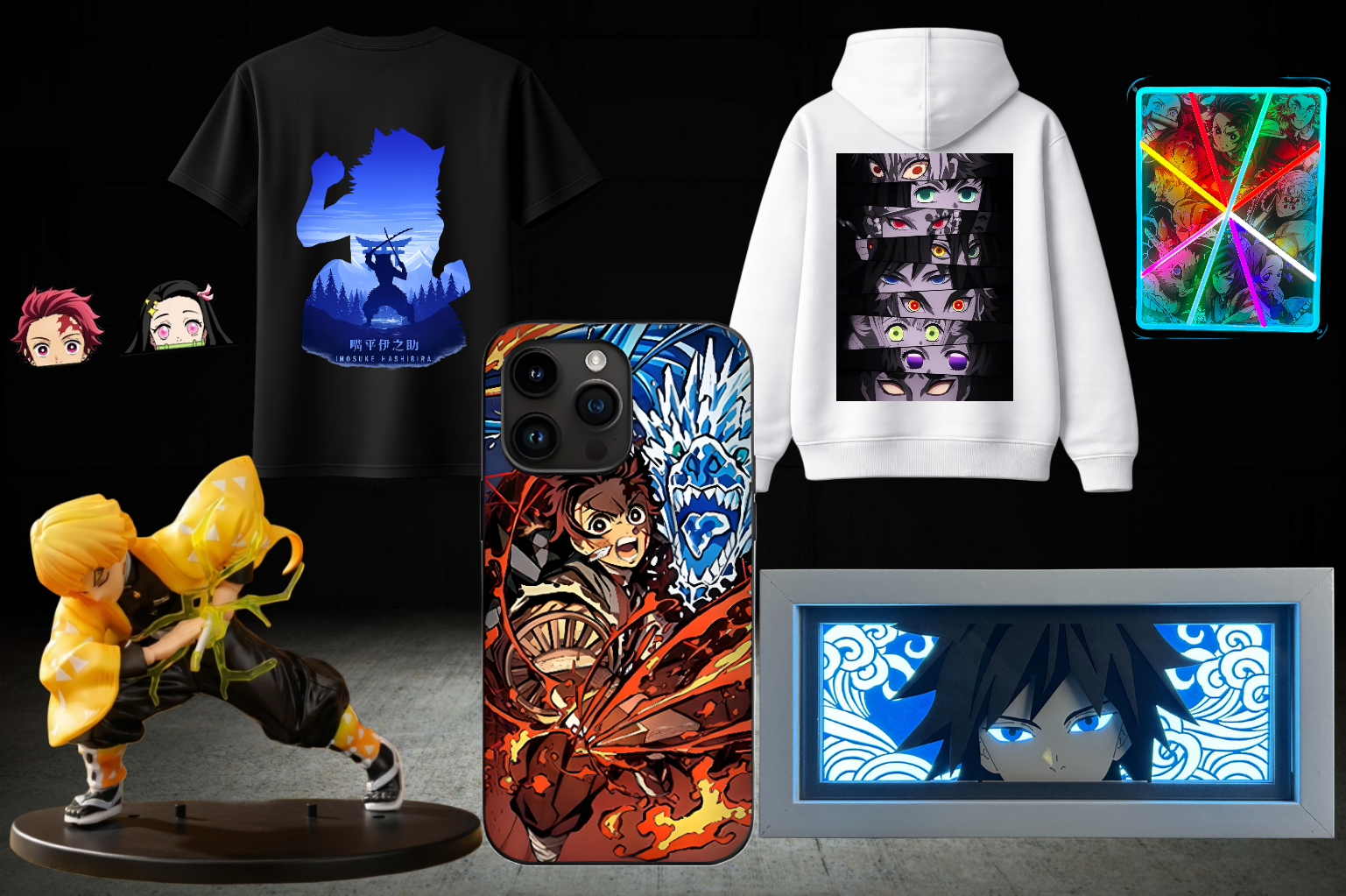 Collection of anime-themed merchandise including shirts, hoodies, phone case, figurine, wall art, and stickers, featuring characters from popular series.