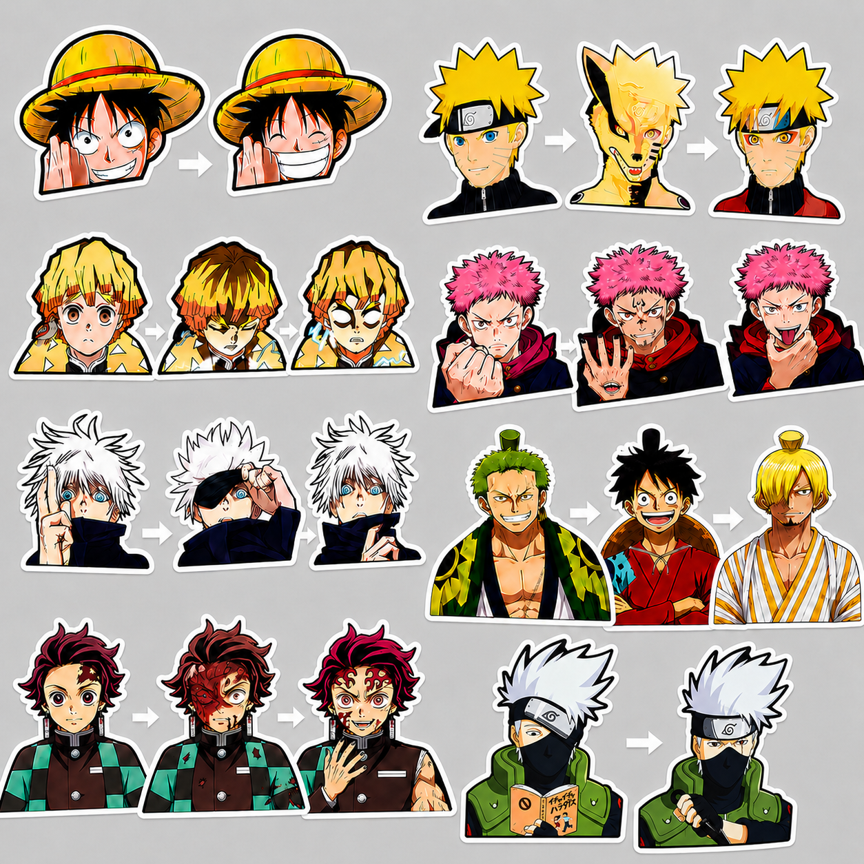 Collection of stickers featuring characters from the anime Naruto, depicting various expressions and transformations, including Naruto, Sasuke, Gaara, and Kakashi in colorful, stylized artwork.