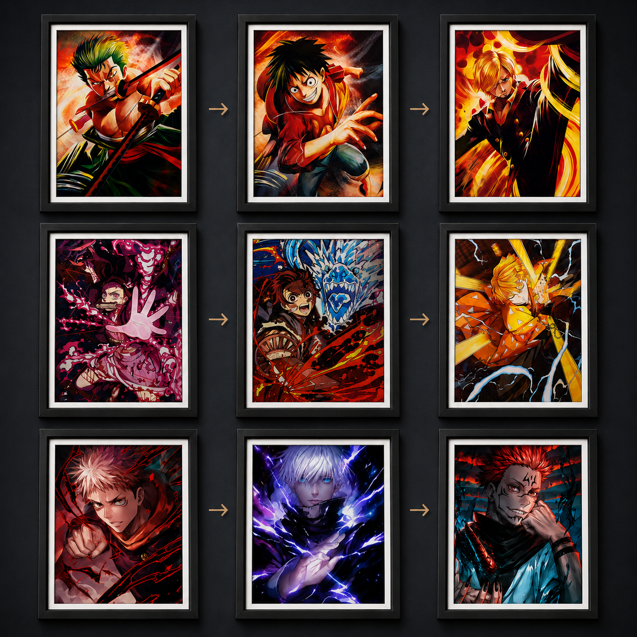 Nine framed anime-style character artwork arranged in a 3x3 grid, with arrows indicating progression from left to right and top to bottom.