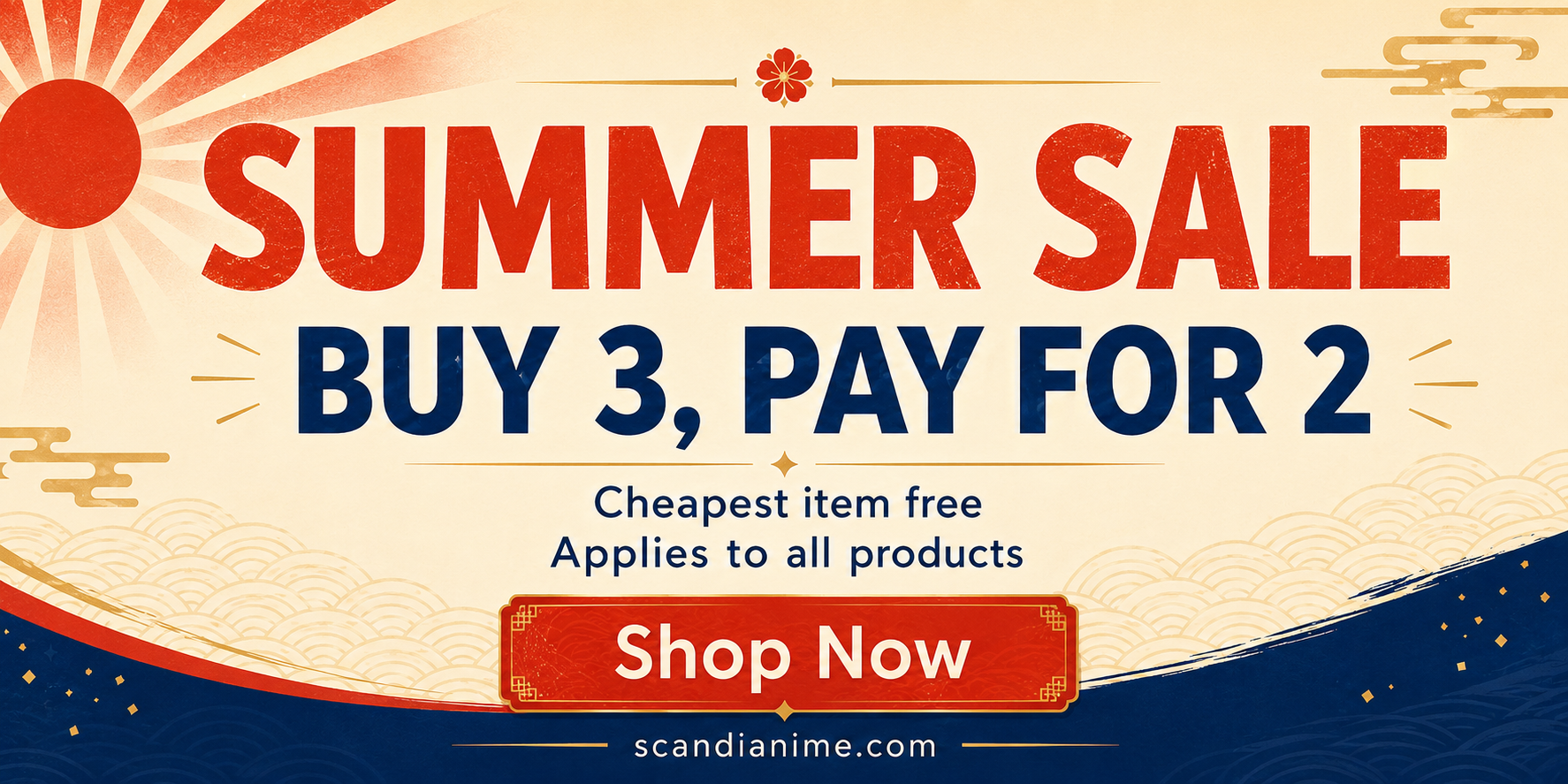 A promotional poster for a summer sale with a red sun, stylized clouds, and waves design. The text reads 'Summer Sale' in large red letters, 'Buy 3, Pay for 2', with additional details about the sale, and a red button that says 'Shop Now.'