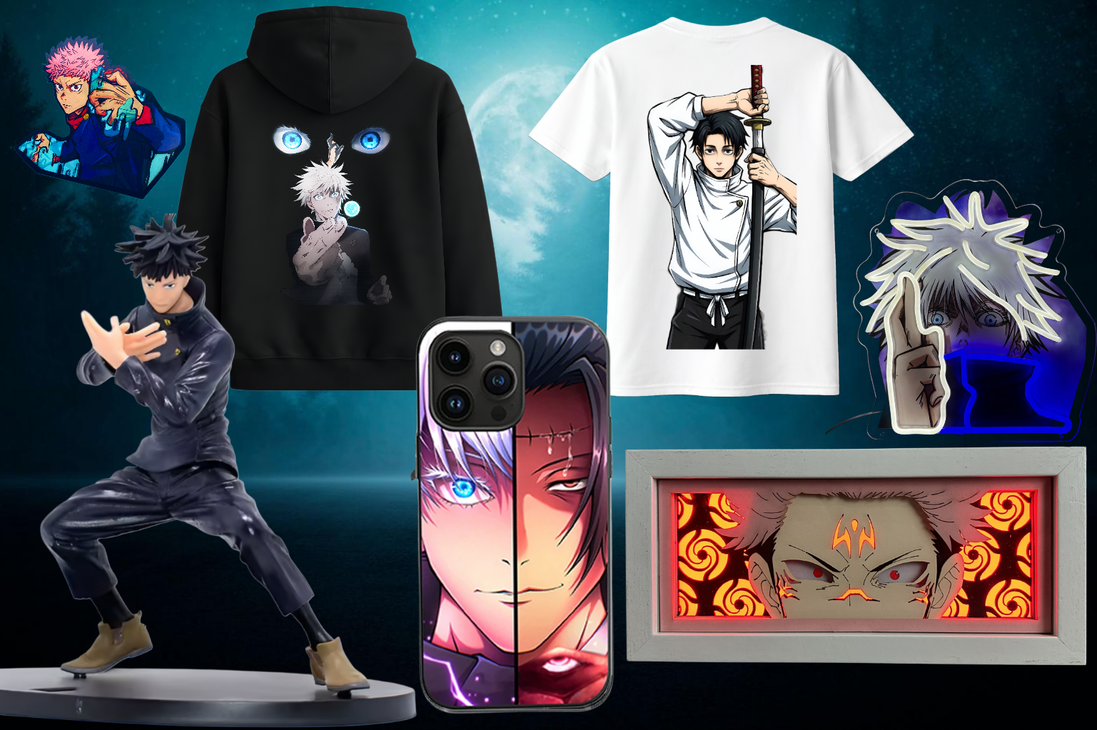 Collection of anime-themed merchandise including a T-shirt, hoodie, decorative neon light, figurines, and a phone case featuring characters from various anime series.