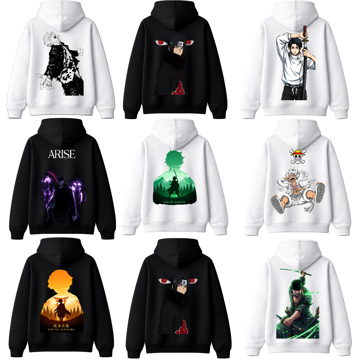 Collection of nine hoodies featuring various anime character designs and artwork.