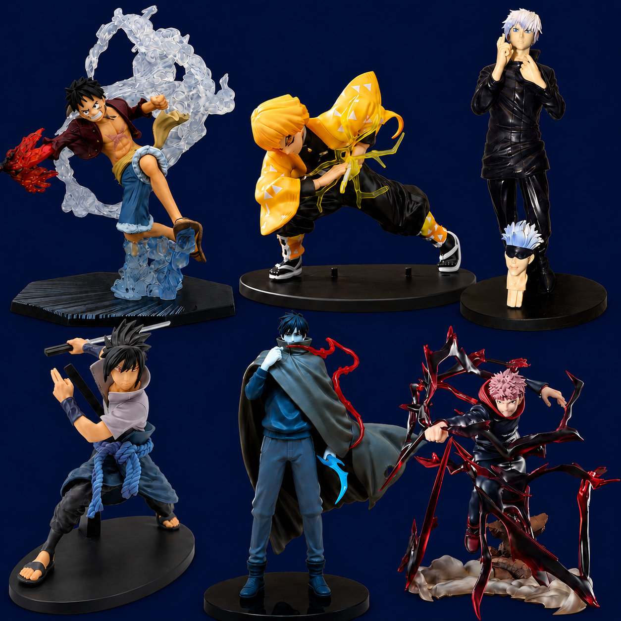 Collection of anime character figures displayed on stands against a dark blue background.