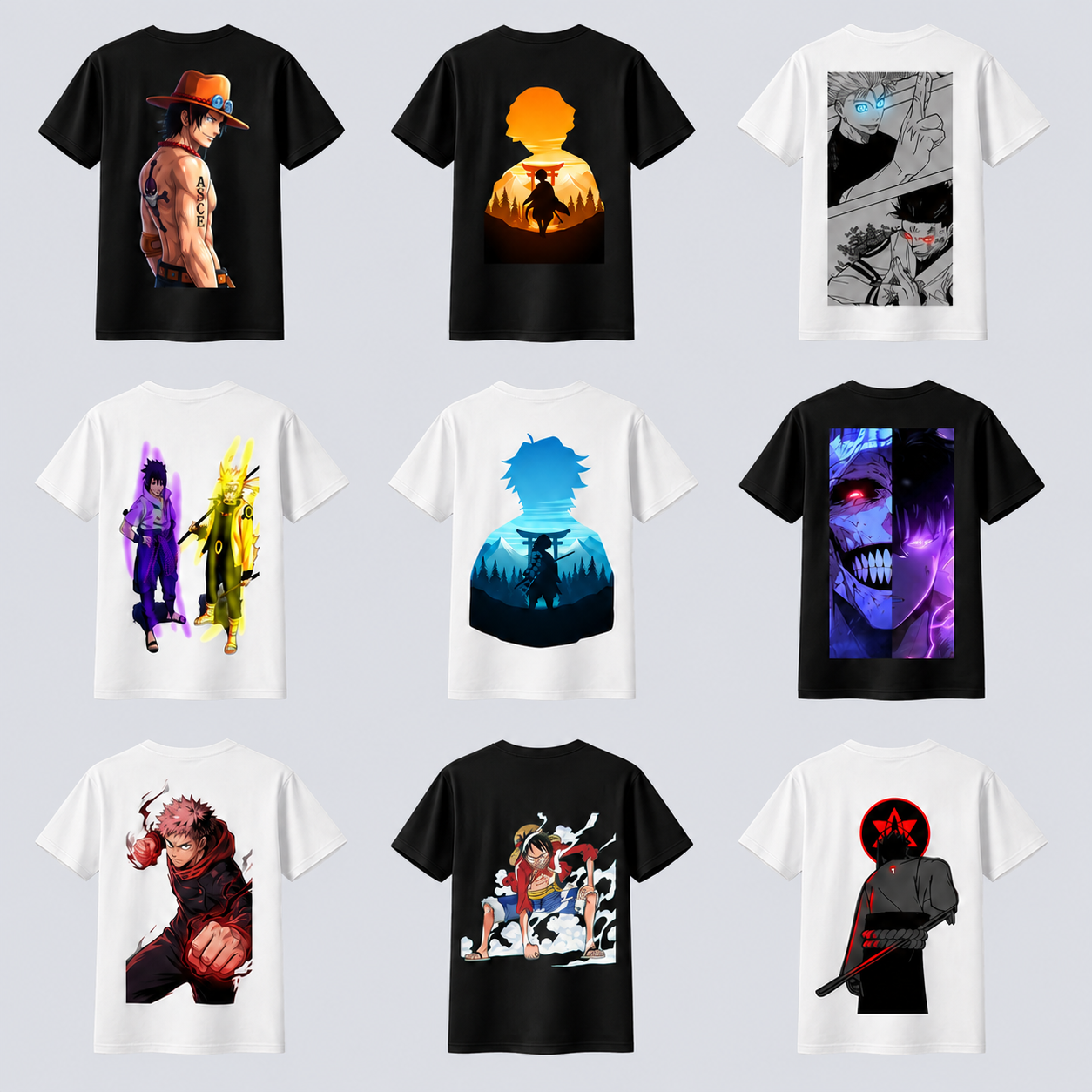 Nine graphic T-shirts arranged in three rows, each featuring different anime and manga characters in vibrant, artistic styles.