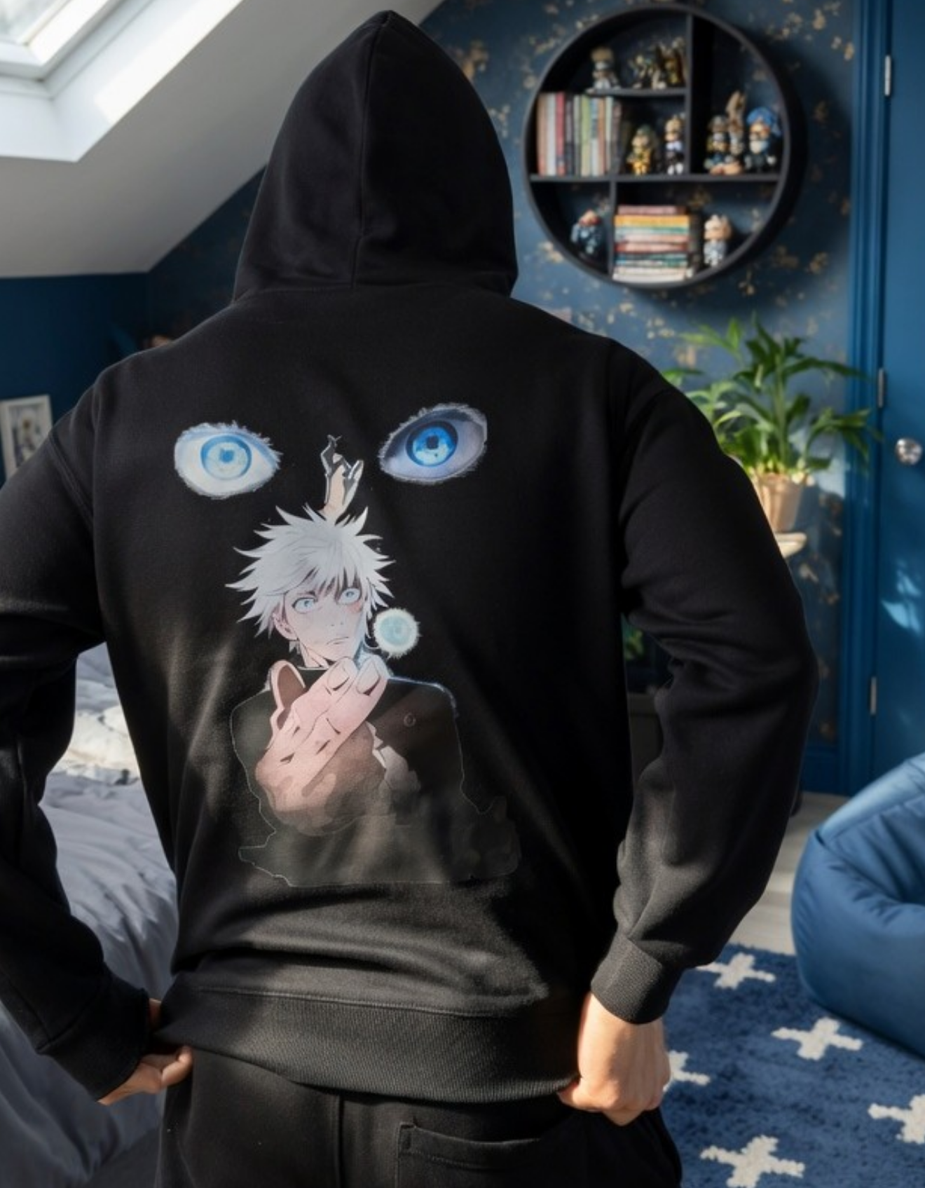 Person wearing a black hoodie with an anime character design, featuring a boy with spiky hair and glowing eyes, holding a small ball and surrounded by floating blue orbs.