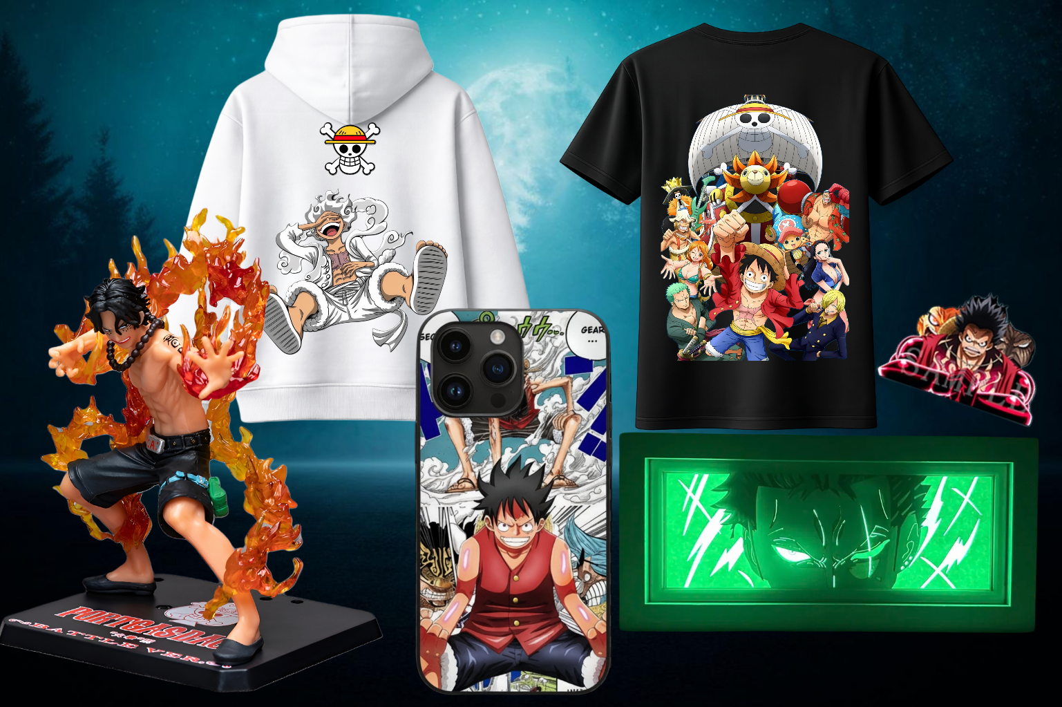 Collection of anime and manga merchandise including a figure of Monkey D. Luffy from One Piece with flames, a white hoodie with Chopper, a black T-shirt with various One Piece characters, a sticker of a character from Gurren Lagann, a smartphone with One Piece artwork, and a green glowing box with an anime character's face.