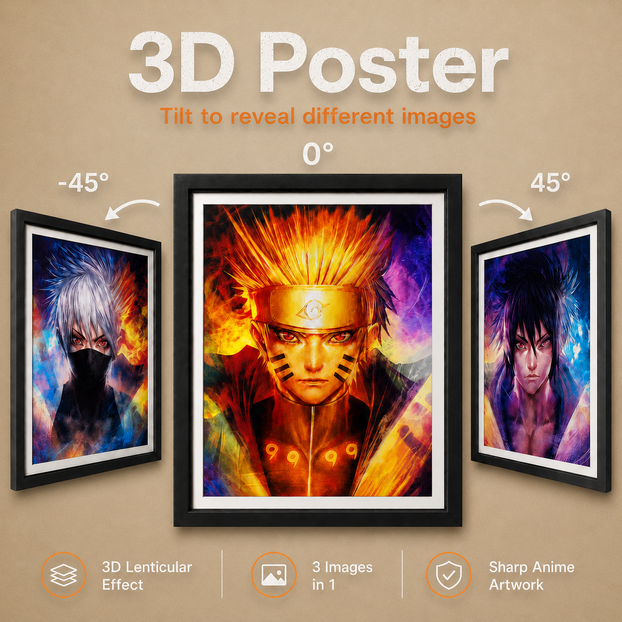 Naruto, Sasuke and Kakashi 3D Poster