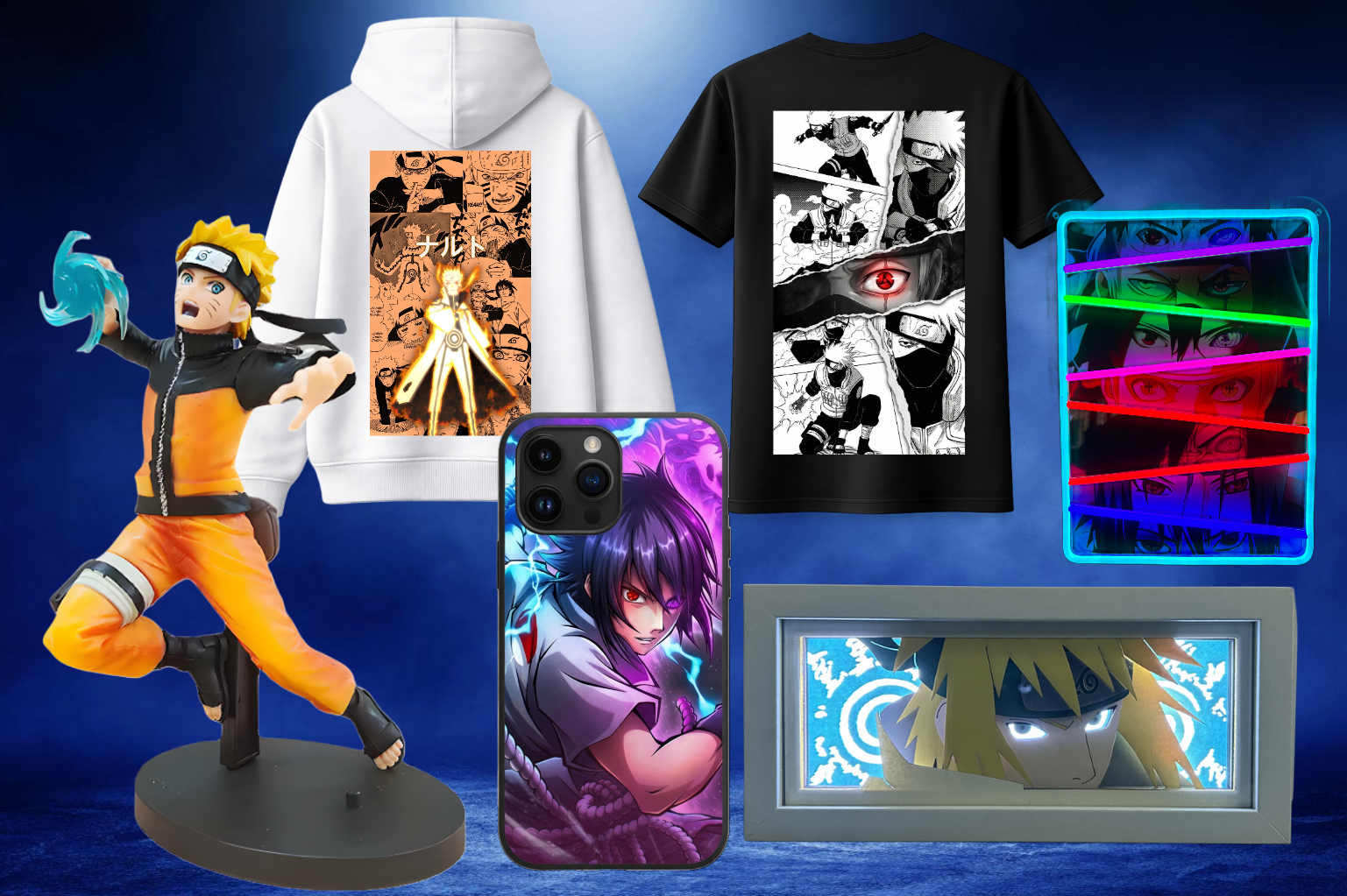 Collection of Naruto-themed merchandise including figurines, apparel, phone case, neon light, and framed artwork, all featuring characters and scenes from the anime.