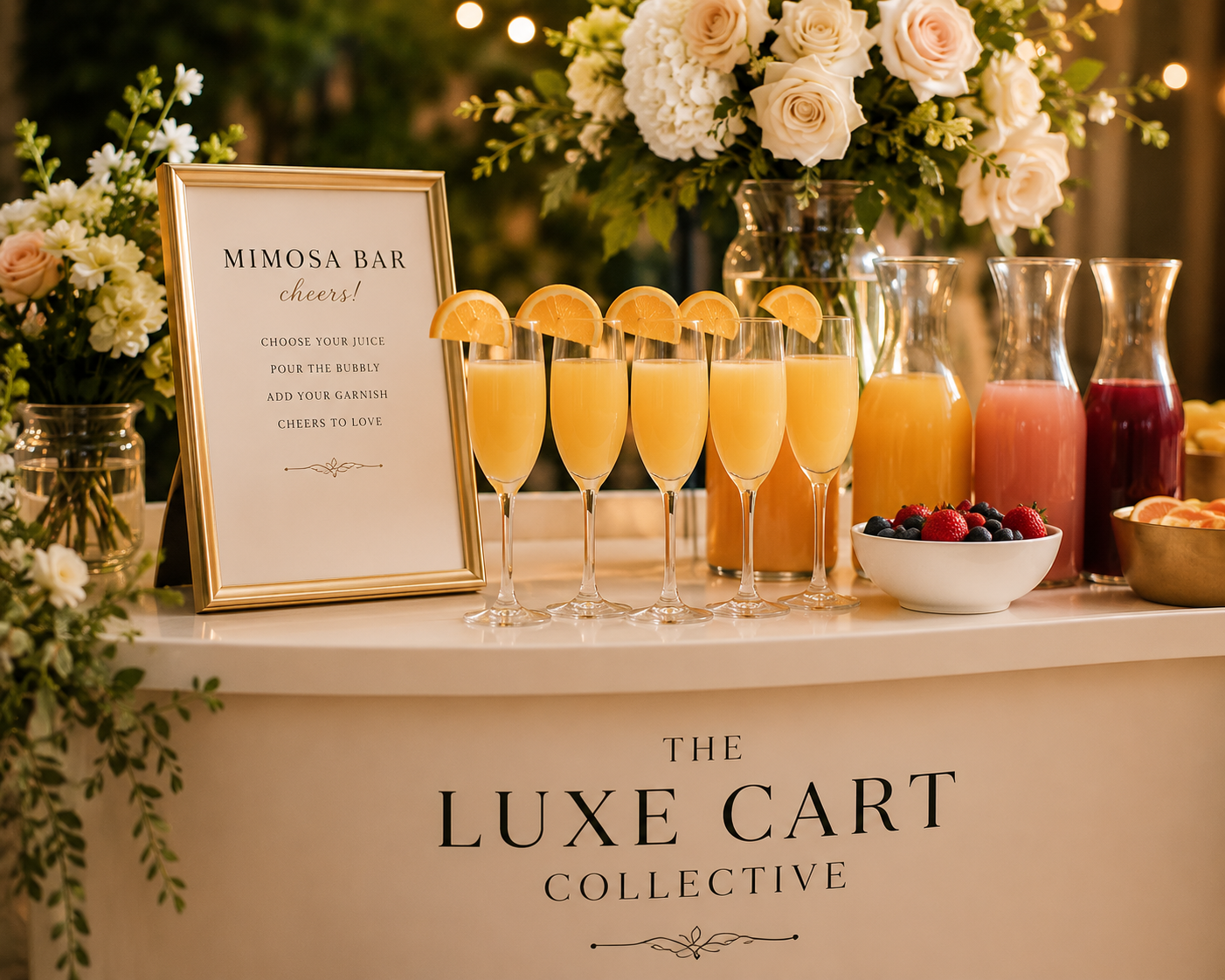 A Mimosa bar setup with glasses filled with orange juice topped with orange slices, surrounded by flower arrangements, pitchers of orange, pink, and red drinks, and bowls of berries, with a sign describing the Mimosa bar process.