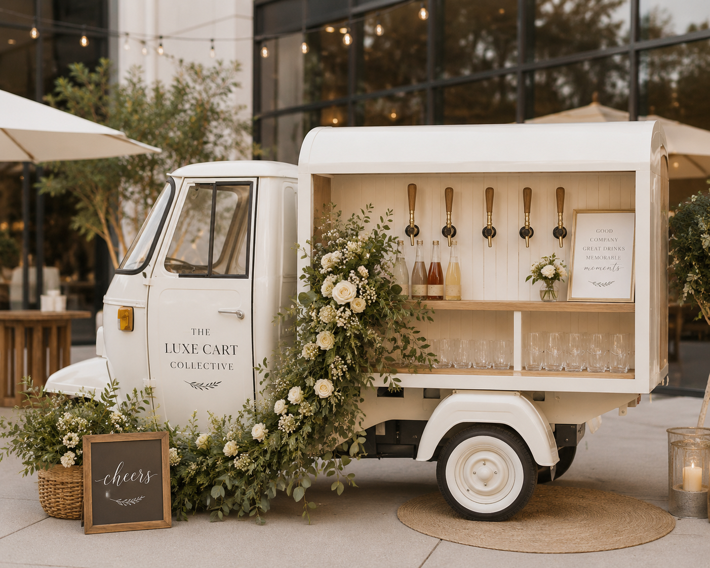 A vintage white mobile bar named 'The Luxe Cart Collective' decorated with white flowers and greenery, featuring six beverage taps, bottles of drinks, and glassware, set outdoors during a special event with string lights overhead.