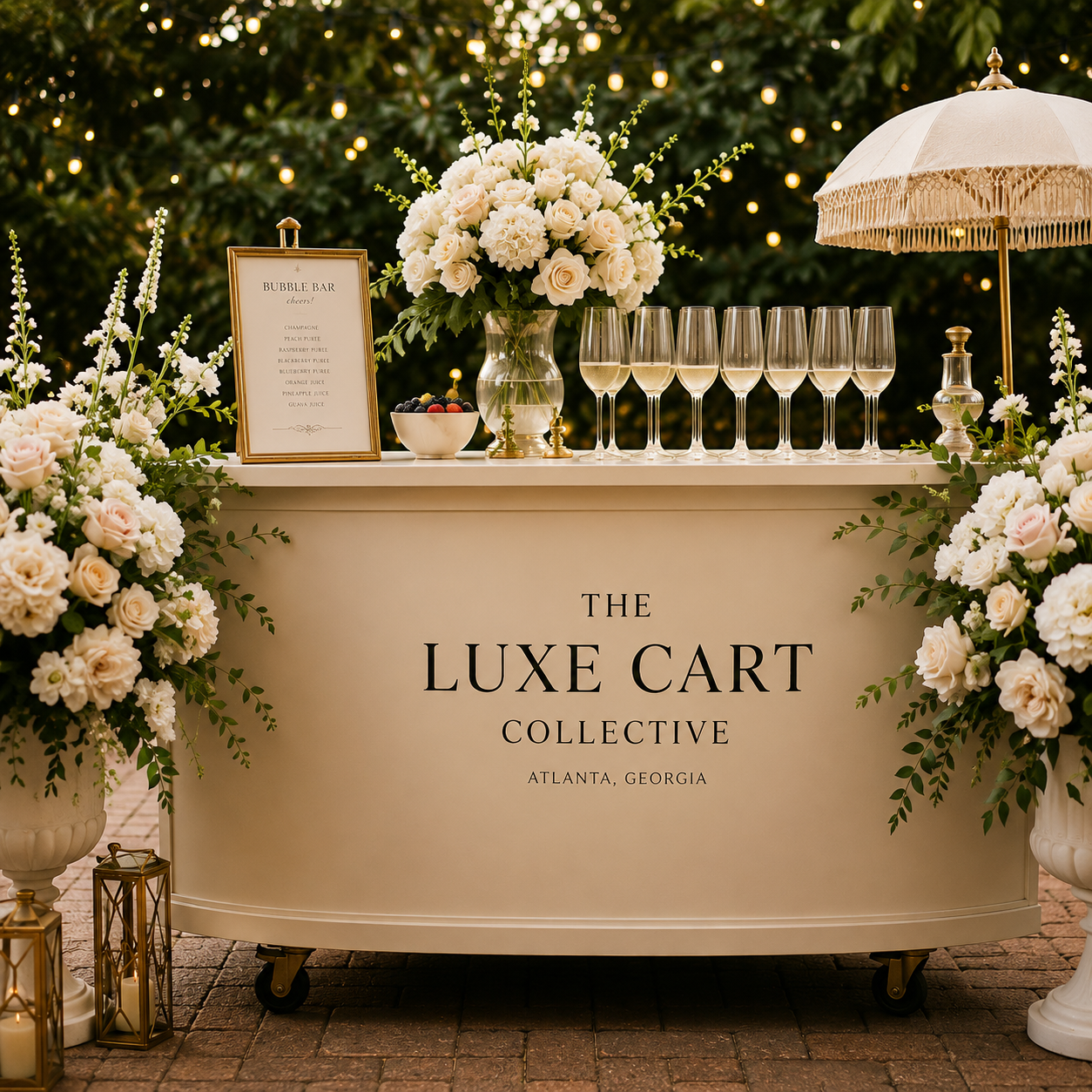 A luxurious outdoor event setup featuring a white bar cart with flowers, champagne glasses, a bowl of mixed berries, a framed menu, a vintage-style umbrella, candles, and surrounded by elegant floral arrangements, with twinkling string lights in the background.