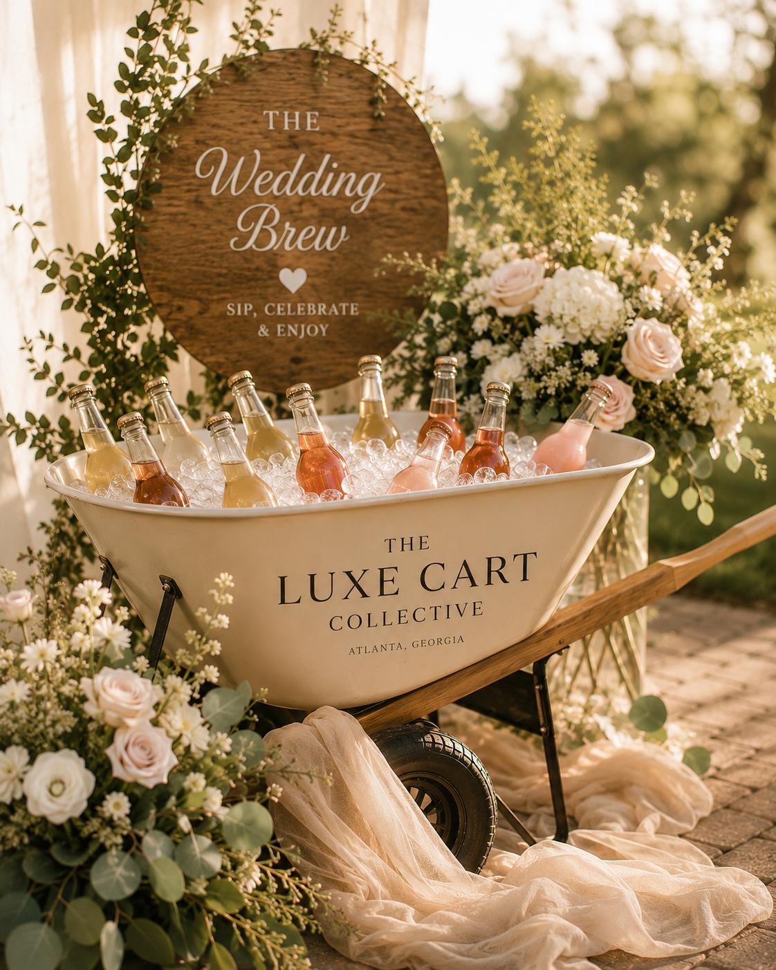 A vintage white wheelbarrow filled with colorful bottles of drinks on ice, surrounded by floral arrangements with roses and greenery, with a wooden sign reading 'The Wedding Brew - Sip, Celebrate & Enjoy' and a large floral display behind it, set outdoors with sunlight.