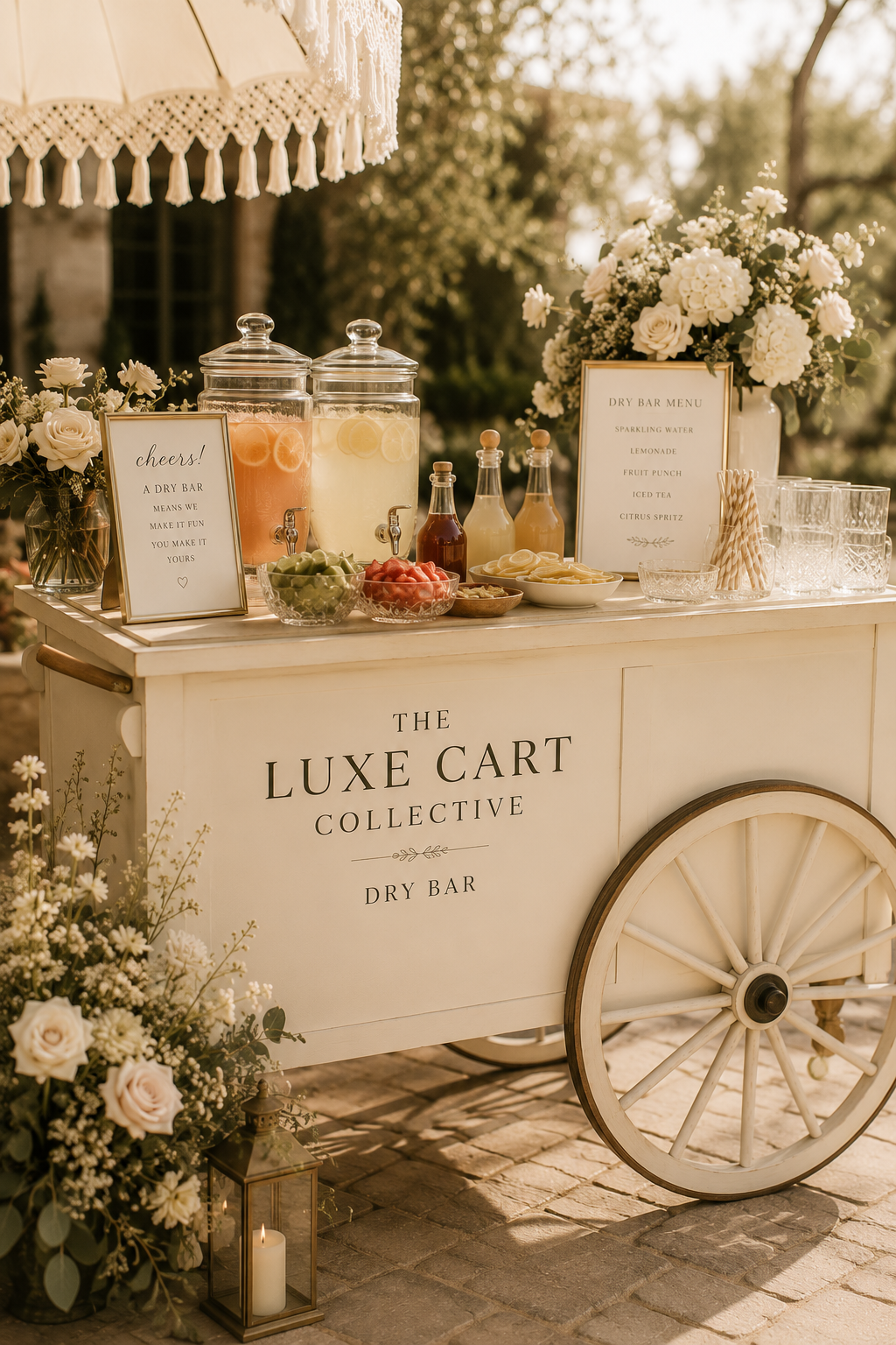 A vintage white dry bar cart decorated with flowers and filled with beverages and snacks, set outdoors with sunlight, candles, and a floral arrangement.