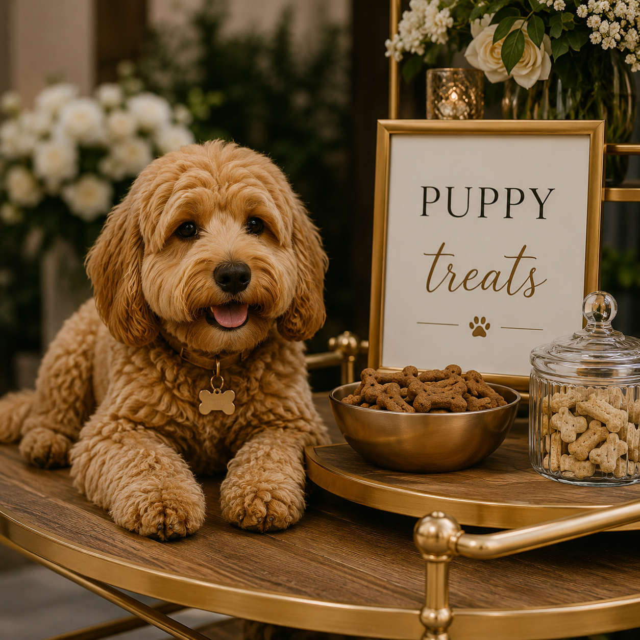 A cute, curly-haired, golden-colored puppy lying on a wooden table amidst bowls of dog treats and a sign that reads 'Puppy Treats,' with a floral background.