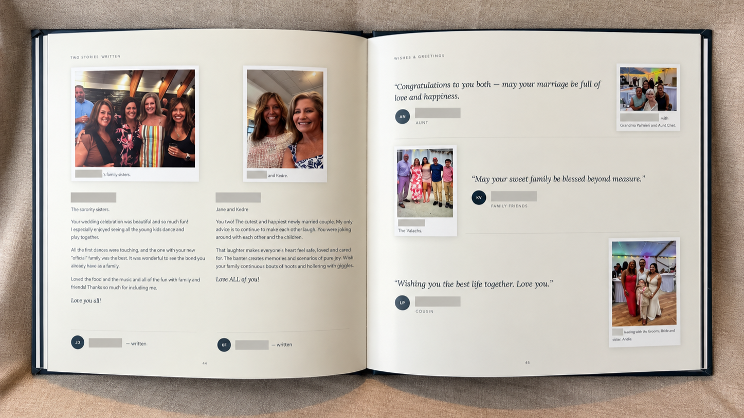 An open scrapbook or photo album with multiple photographs, captions, and handwritten notes. The left page features photos of women at a celebration and a heartfelt message, while the right page includes more group photos and well wishes for a wedding or family gathering.