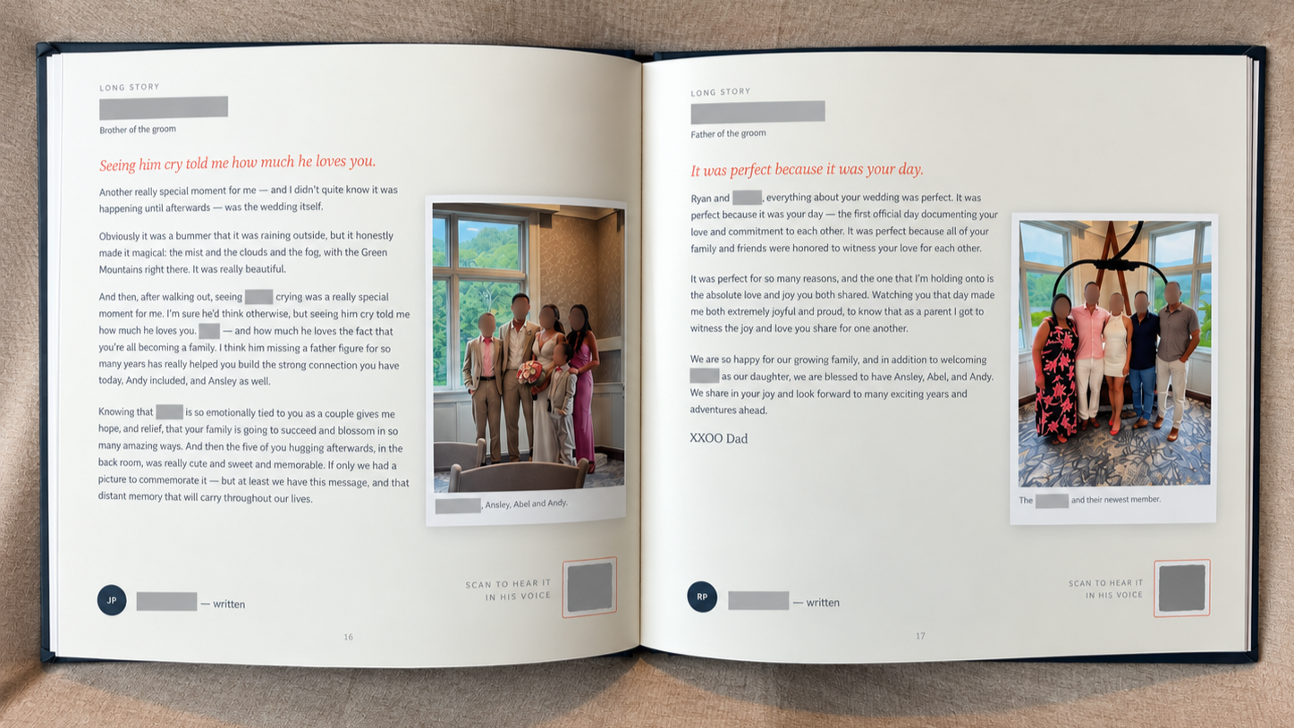 Open book with wedding stories and photos. The left page has a group photo of people at a wedding with a window view outside. The right page shows a group photo of wedding guests inside a room with large windows and a hanging light fixture.