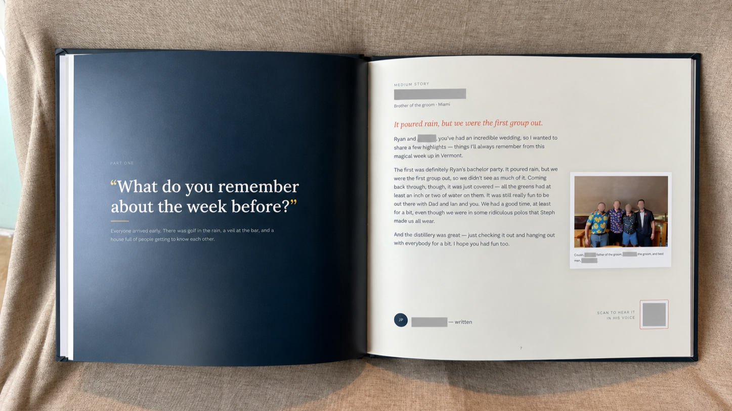 Open magazine featuring two pages; left page with large quote: "What do you remember about the week before?" and small description below; right page with story titled "Brother of the groom - Miami," a Polaroid photo of four people, and a quote box with "SCAN TO HEAR IT IN HIS VOICE."
