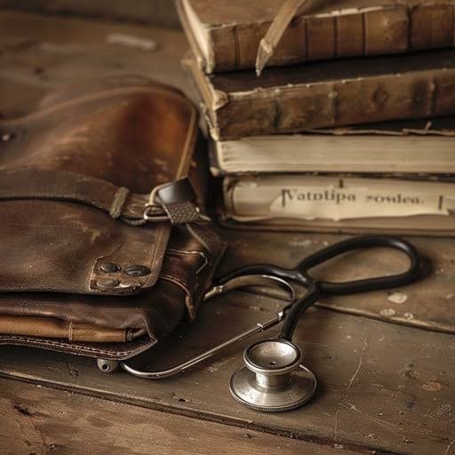 A vintage leather bag with a stethoscope resting on a wooden surface, next to old books.
