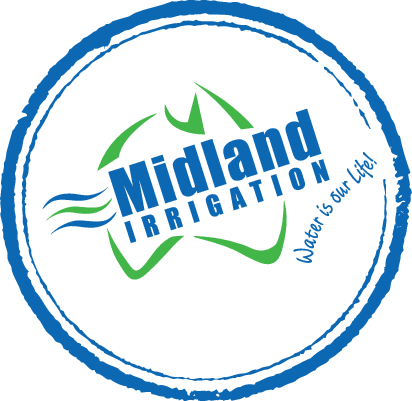 Midland Irrigation logo with blue and green colors, water waves, and the tagline 'Water is our Life!'