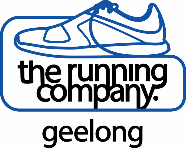 Logo of The Running Company Geelong featuring a blue outline of a running shoe and the company's name.