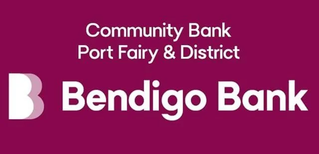 Logo of Bendigo Bank with text indicating Community Bank Port Fairy & District on a purple background.