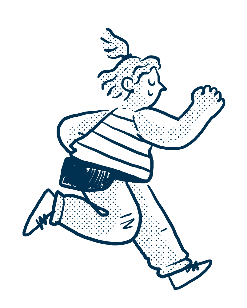 Line drawing of a person running with a backpack, wearing a striped shirt, jeans, and sneakers, with hair tied back and appearing in motion.
