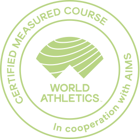 Green circular badge for AIMS World Athletics with the text 'Certified Measured Course' and 'In cooperation with aims' around the border, and a stylized globe or course map in the center.
