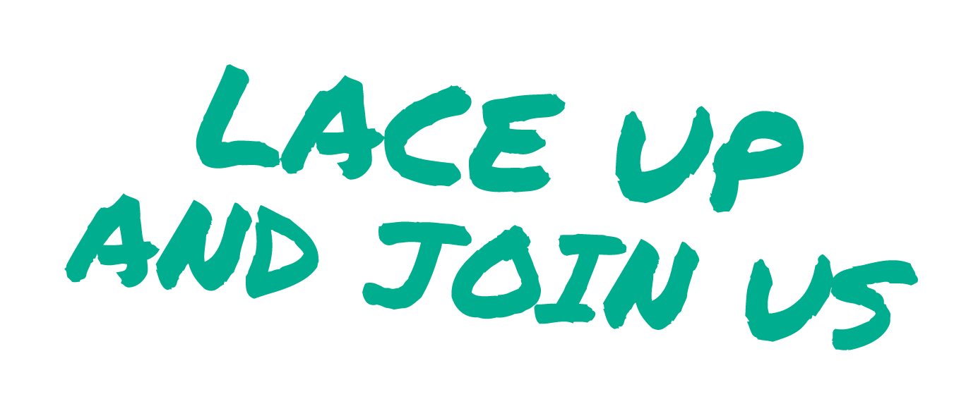 Text message in teal font that says 'LACE UP AND JOIN US' on a black background.