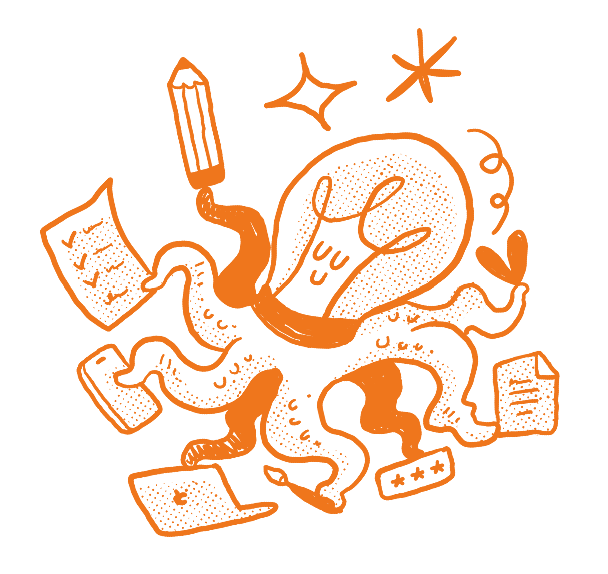An orange line drawing of an octopus with glasses, surrounded by various items like books, a laptop, a lightbulb, a star, and a heart on a black background.