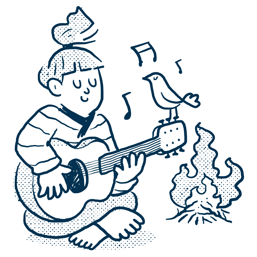 A girl with her hair in a bun, sitting cross-legged, playing guitar, with a bird perched on the guitar, and a campfire burning nearby, depicted in a blue line drawing style.