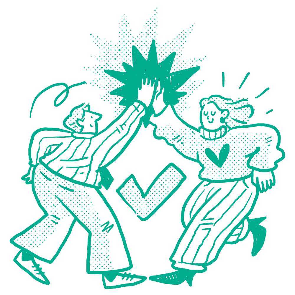 Two people, a man and a woman, exchanging a high five with a check mark symbol in the center. The illustration is drawn in a comic style with teal lines and a dotted background.