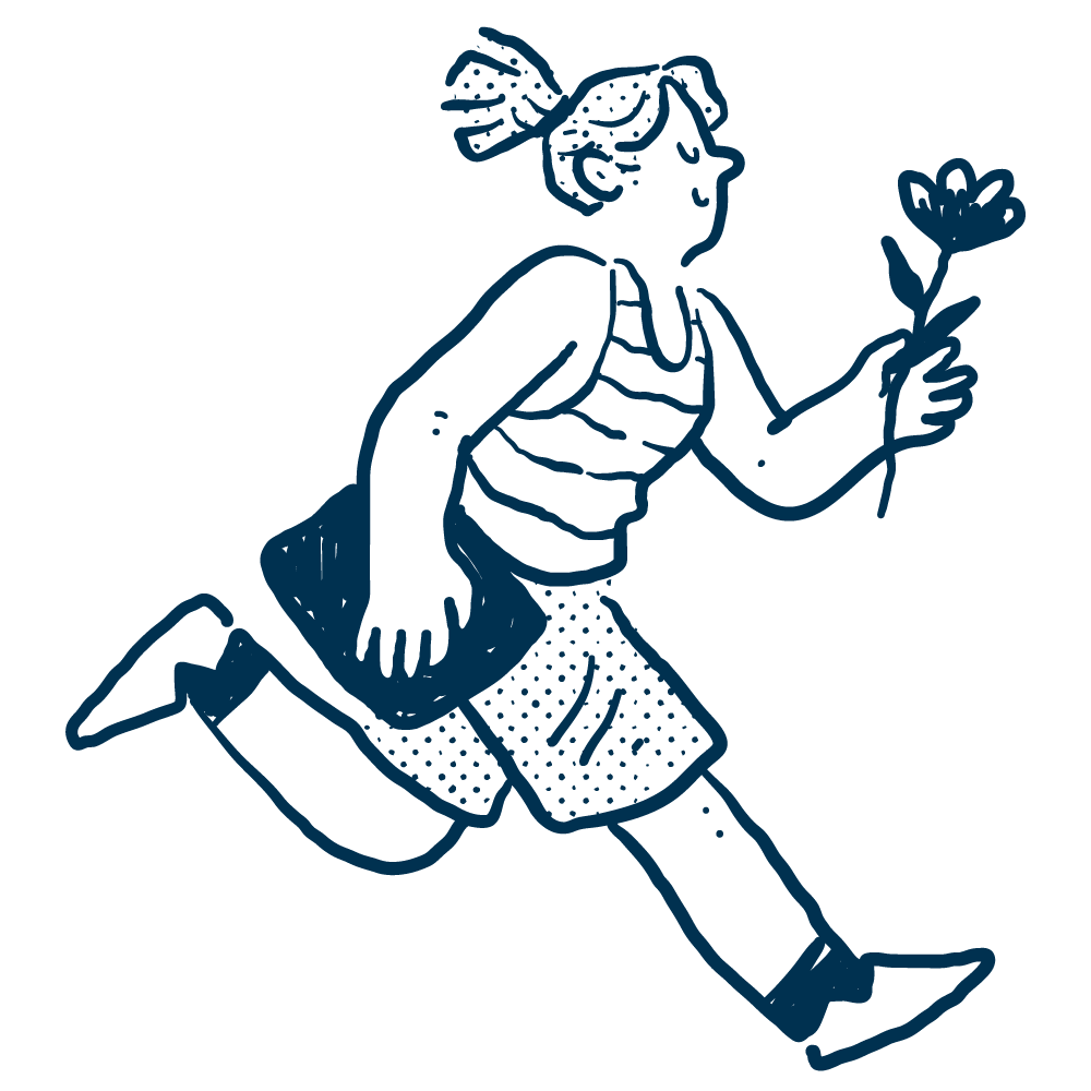 Line drawing of a person running while holding a flower.