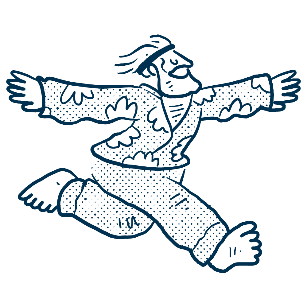 Line drawing of a person with hair, running with arms outstretched, wearing a sweater and pants, on a black background.