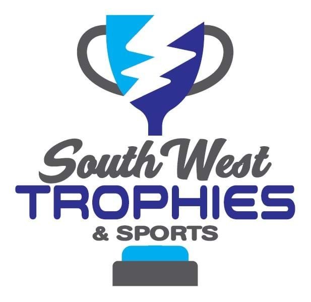 A logo featuring a trophy with a lightning bolt design and the text 'South West Trophies & Sports'.
