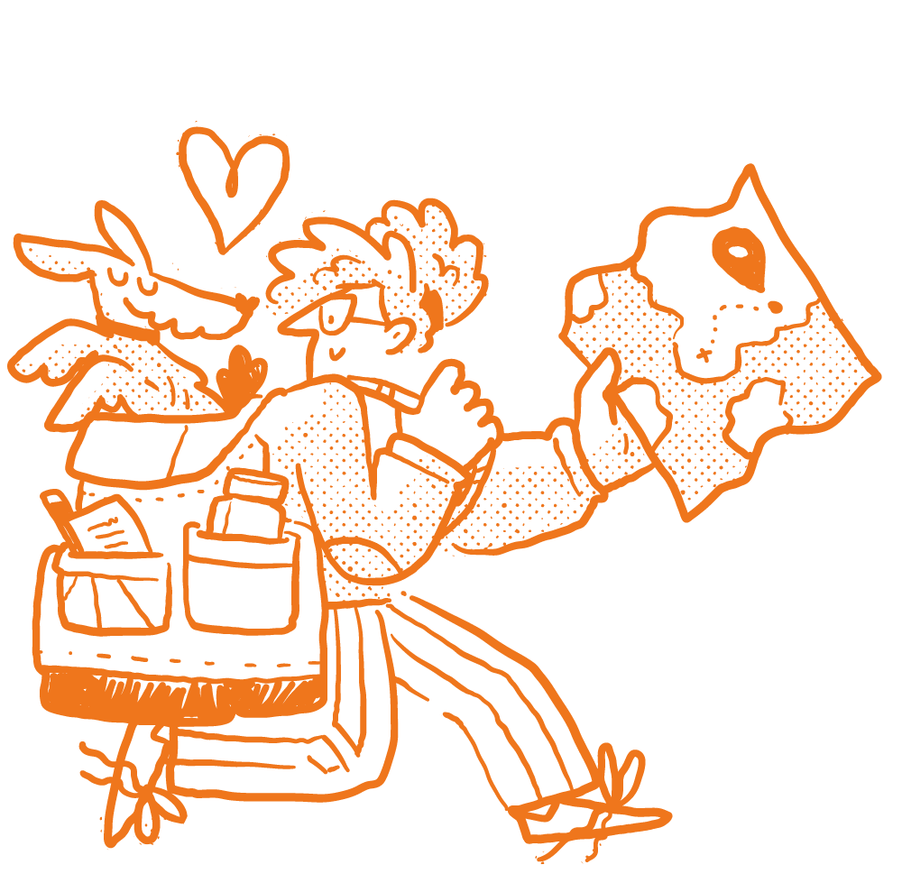 Drawing of a person wearing glasses and a cap, holding a map, with an animal on their shoulder and a backpack, on a black background.