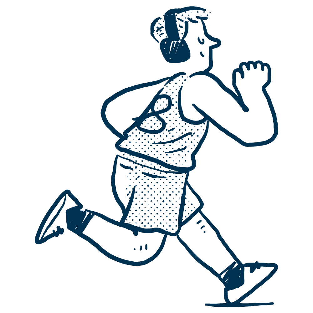 Line drawing of a person running, wearing a tank top, shorts, and running shoes, with their hair tied back.
