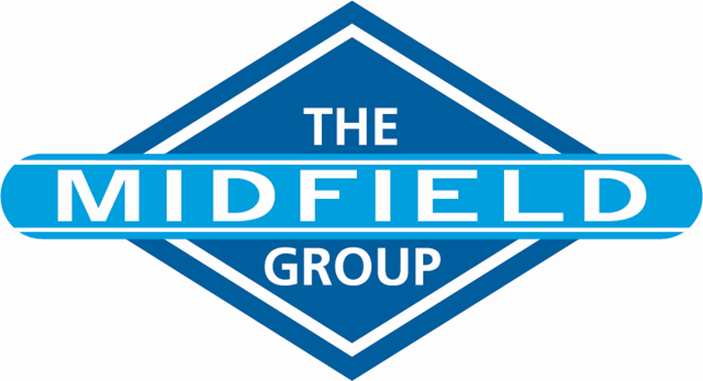 Logo with a diamond shape, blue and white colors, with the words "The Middle Group."