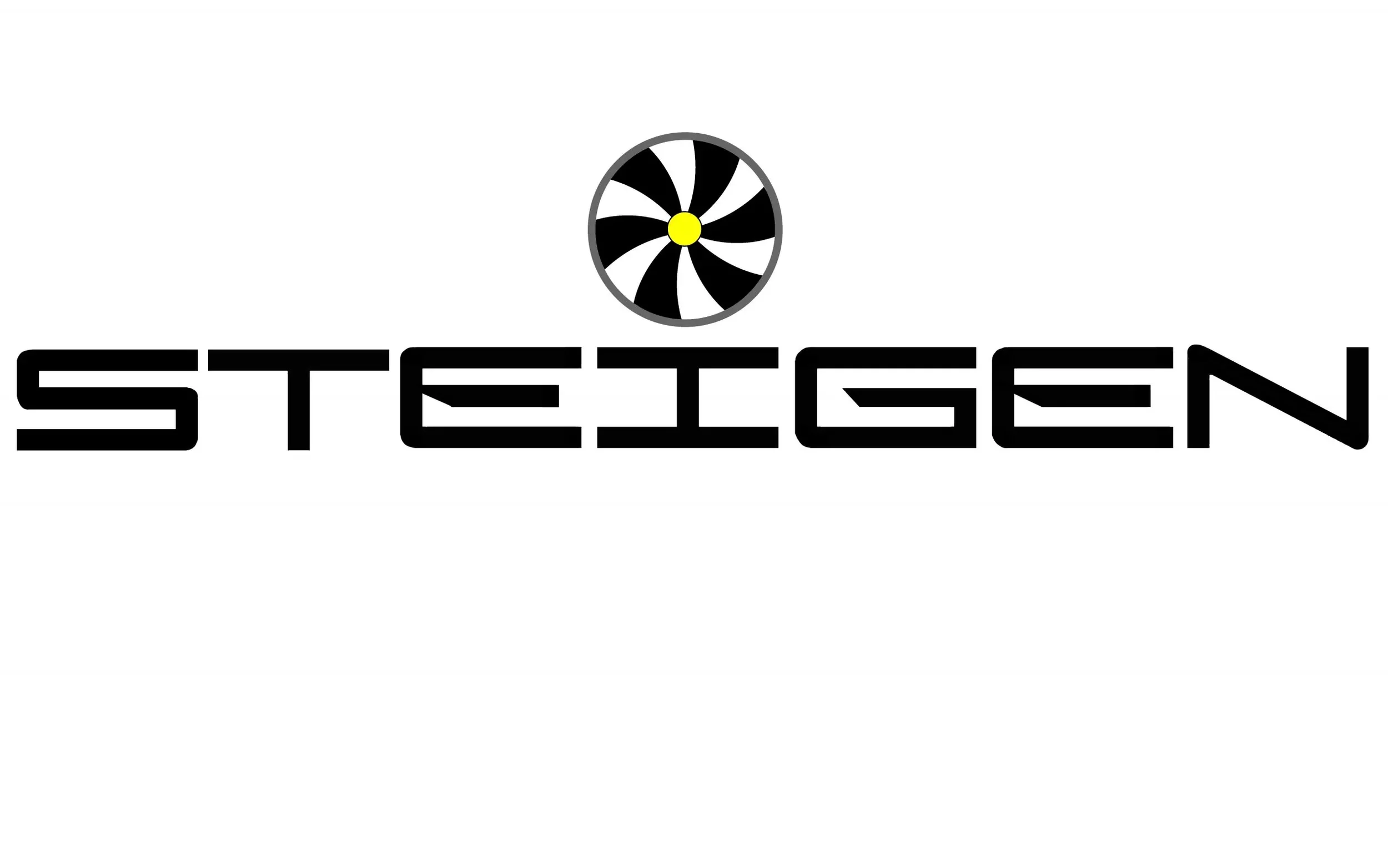 The logo of Steigen containing a black fan shape with a yellow cenntre