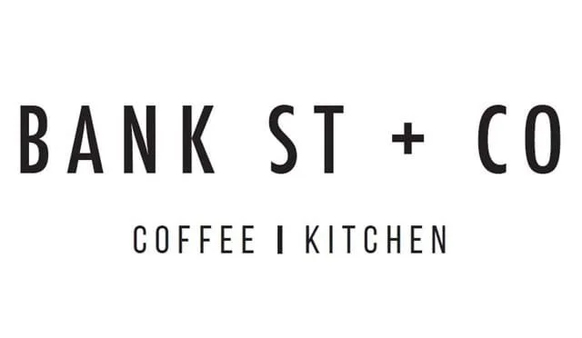 Minimalist logo for Bank St + Co, a coffee and kitchen establishment.