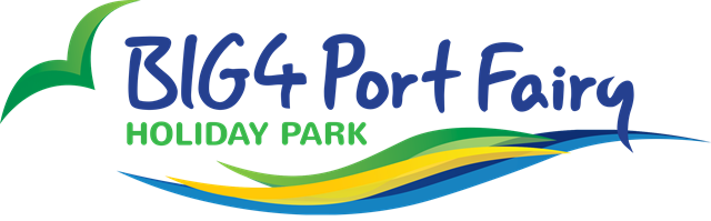 A BIG 4 Port Fairy Holiday Park logo and graphic elements resembling a green landscape, a yellow wave, and a blue sky.