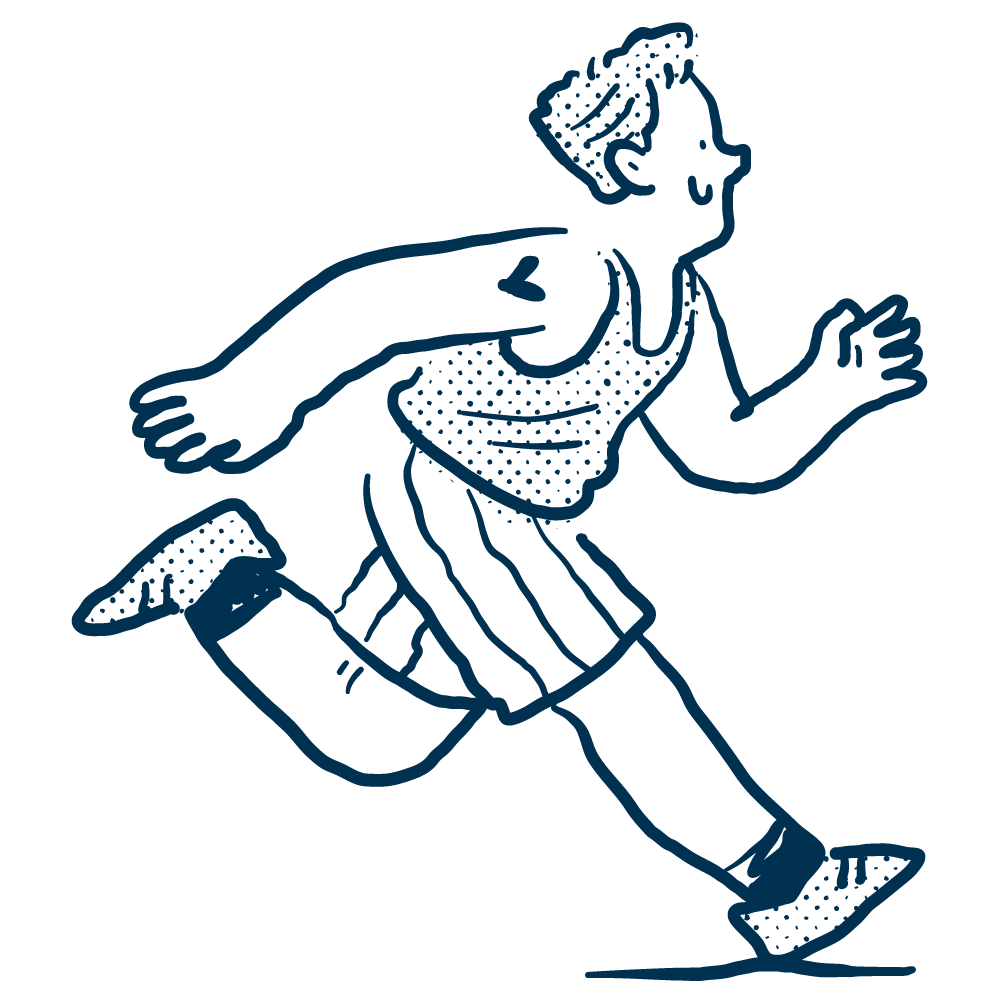 Line drawing of a person running, wearing a sleeveless shirt, shorts, and sneakers.