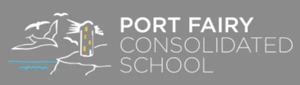 Logo for Port Fairy Consolidated School featuring a lighthouse, seagulls, and water.