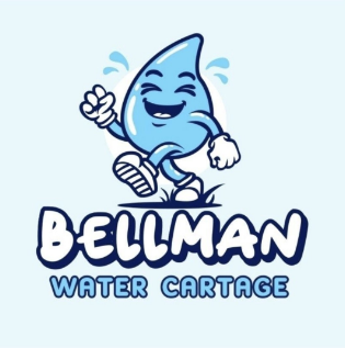 A cartoon water droplet character with a cheerful expression, wearing gloves and shoes, walking and giving a thumbs up. The character is associated with Bellman Water Cartage.