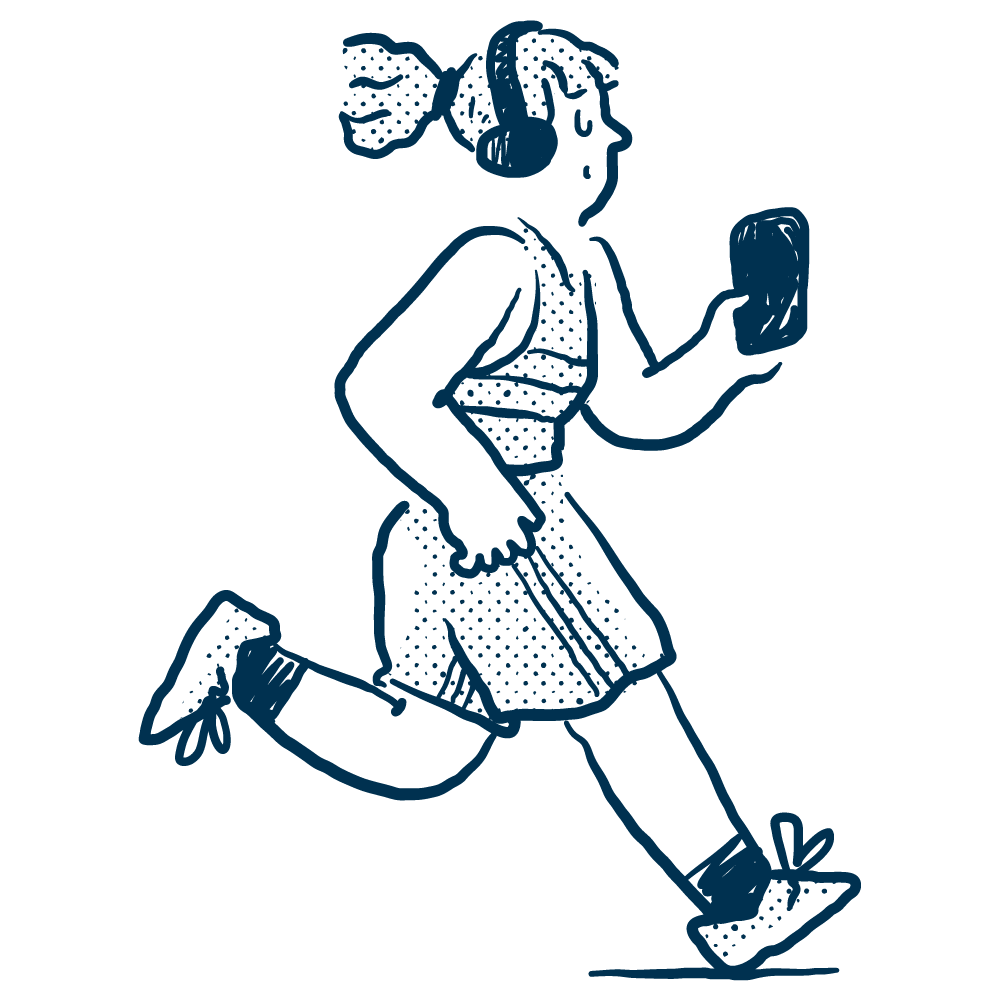 Line drawing of a girl running while holding a smartphone in her right hand, wearing headphones, a jacket, and a skirt.