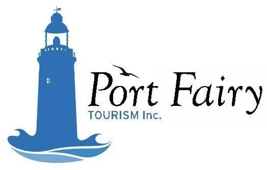 Logo for Port Fairy Tourism Inc. featuring a blue lighthouse and a seagull.