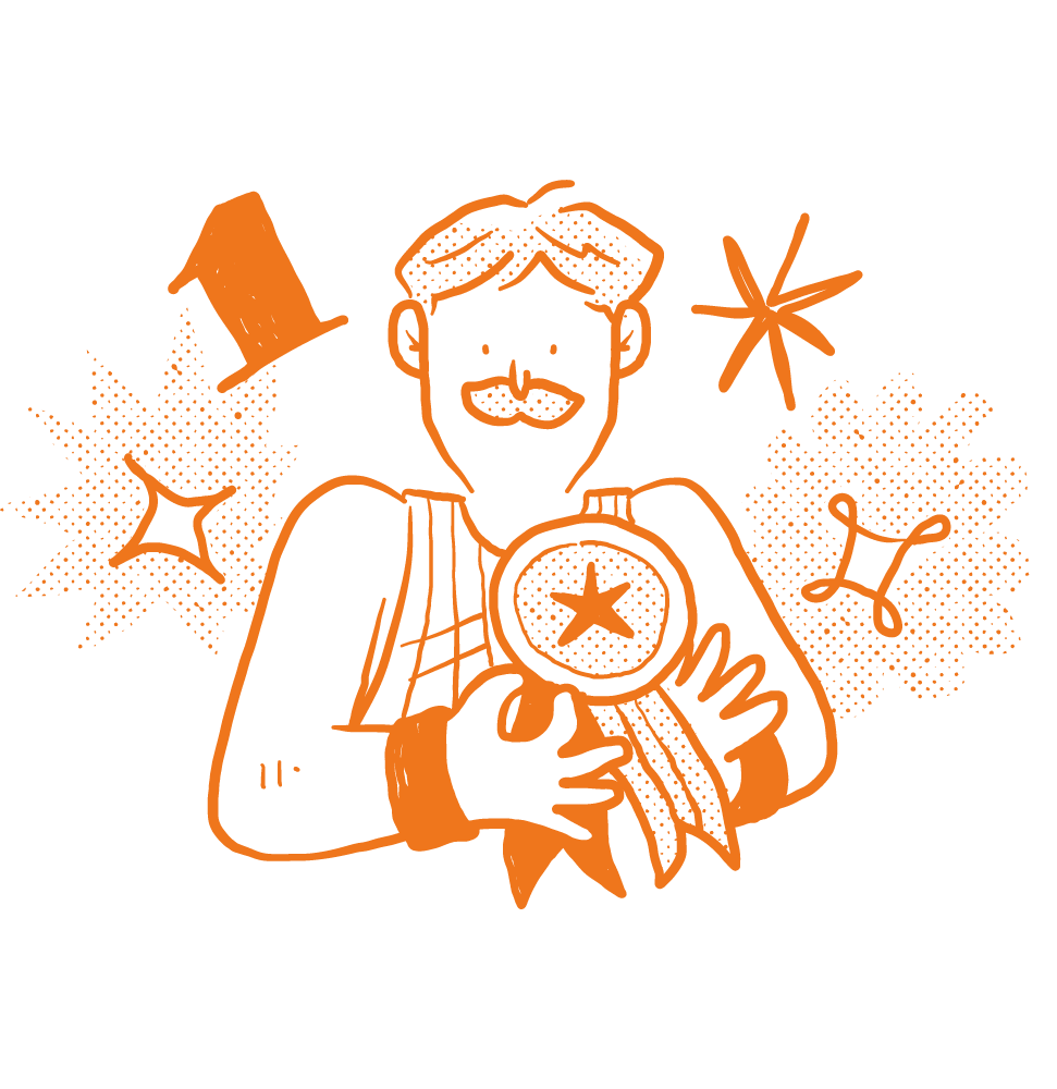 Line drawing of a man with a mustache holding a large medal, surrounded by stars, sparkles, a top hat, and an asterisk symbol, in orange on black background.