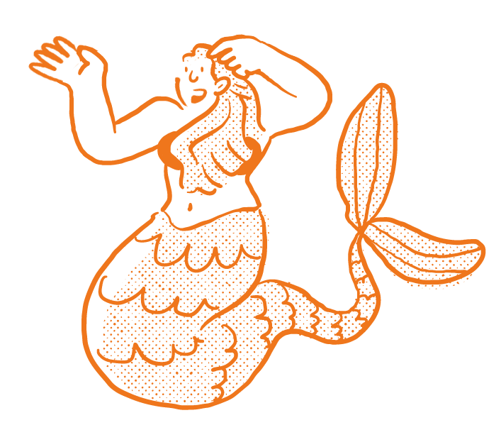Illustration of a mermaid with long hair, wearing a seashell top, and a scalloped tail, waving with one arm.