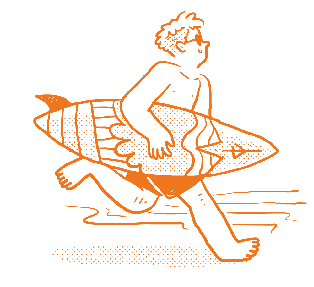 Orange line drawing of a person running with a surfboard on their back.