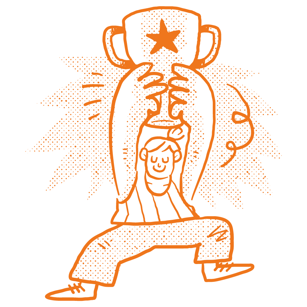 Drawing of a person walking and holding a large trophy cup with a star on it, smiling.