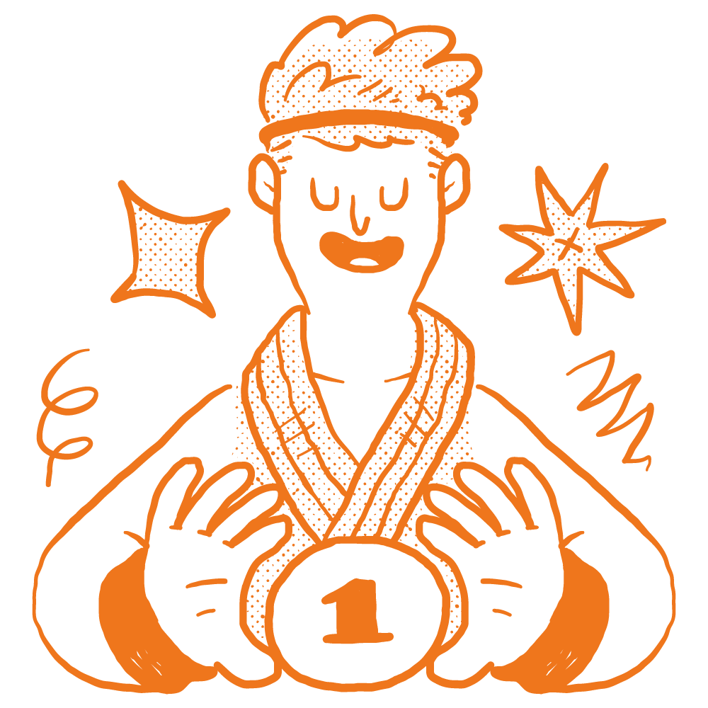 An orange line drawing of a person holding a ball with the number one, surrounded by stars and confetti.